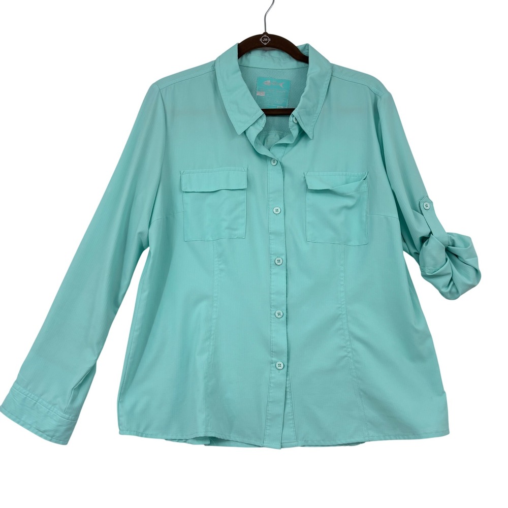 Silver Bait Fishing Shirt Women Size L Aqua Blue Long Sleeve Roll Tab Button Up